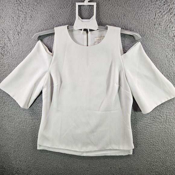 Ted Baker Tops - Ted Baker London Womens White Cold Shoulder Blouse Wide Sleeve Gold Zip Top Sz 2